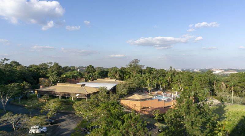 Vista da piscina azul do Hotel Almenat Embu das Artes, com águas cristalinas refletindo o céu, cercada por palmeiras e vegetação tropical, ao lado de estrutura de madeira e telhado de palha para lazer corporativo e familiar perto de São Paulo.